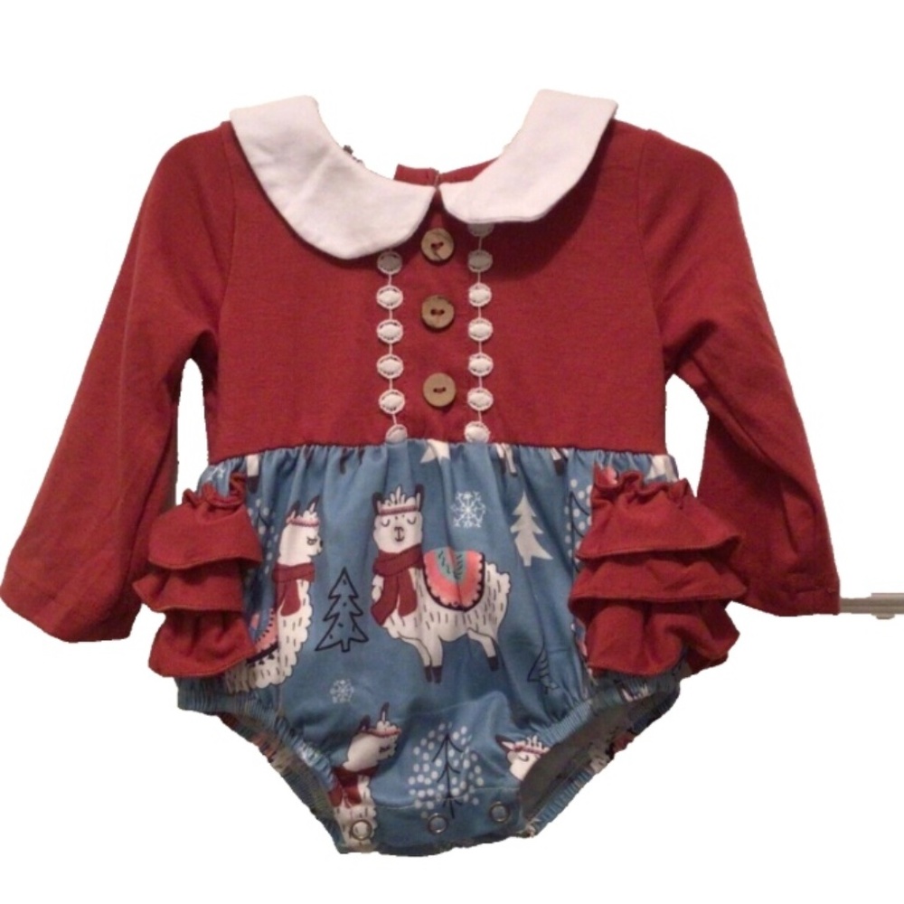 NWOT Marie Nicole Burgundy Llama Ruffle Bubble Baby 3-6 mos 3 6 months 1 Piece